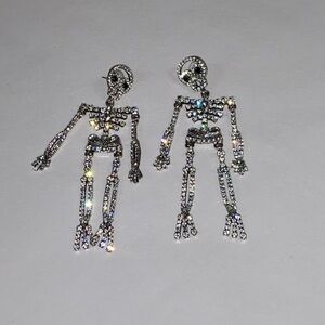 Simona Rhinestone Skeleton Corpse Earrings Silver Extra Large Dangle NEW
